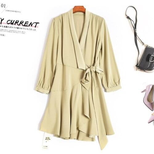 Simulated Silk Vestidos Mujer Commuter V-neck Mid-waist Conventional Black Dark Green Womens Elegant Dresses 2019 Autumn A890