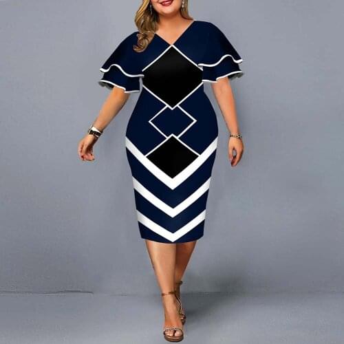Women Dress Elegant Geometric Print Evening Party Dress Casual Plus Size Layered Bell Sleeve Office Bodycon Dress Club Outfits