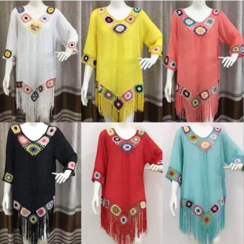 Womens Long Sleeve V Neck 2021 Hand Crochet Flower Hollow Out Vintage Vacation Beach Top Sunscreen Dresses