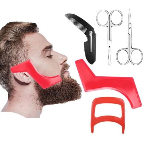 5Pcs Hair Growth Beard Styling Beard Care Set Beard Shaping Template Comb Barber Tool Beard Comb Scissors Mens Beard Tool