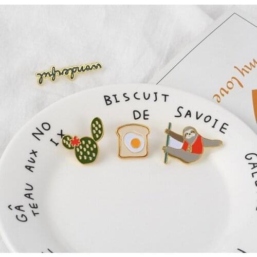 Cartoon sloth cactus Egg toast enamel pin Cute animal plant brooches Wonderful day Lapel pin badges Clothes bag jewelry kid gift
