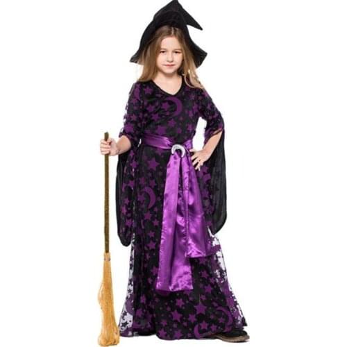 Kid dress Moon and magic maggic Halloween witch long vampire suit queen costume black long sleeve for girl A020