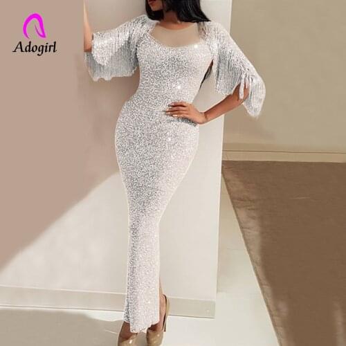 Adogirl Sleeveless Long Sequin Dress Women High Slit Mesh Tassel Stitching Dresses Sexy Club Party Dress Maxi Sequined Vestidos