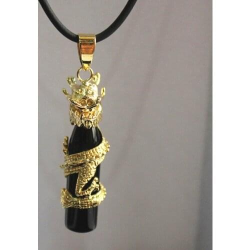 Fancy Chinese Wind Cylinder black natural jade + Dragon plated Pendants Necklace
