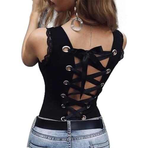 Women’s Fashion Solid Color Camisole Summer Sexy U-neck Backless Hollow Bandage Vest Top Daily Wear