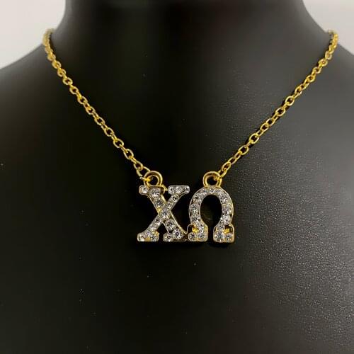 Fashion rhinestone Greek letter CHI OMEGA metal pendant sorority society golden necklace