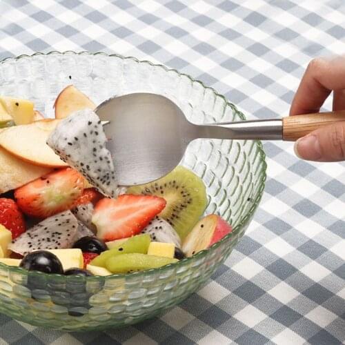 P15D 2 Pcs Salad Spoon Fork with Long Wooden Handle Set Stainless Steel Dessert Fruit Kitchen Tableware Tools