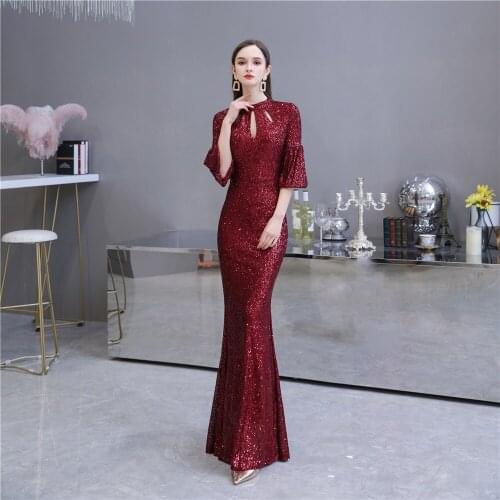 New Arrival Deep Red Prom Gown High Neck Unique Design Half Sleeve Mermaid Floor Length Evening Dress