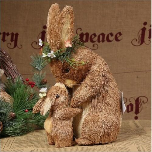 24x15x33cm,Handicrafts,cute mother and child rabbits,brown cattail flowers,accessories,Straw crafts,Easter day,Mothers Day gift