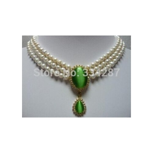 Charm 3 Row 6-7mm White Pearl Sweet Water Opal Cats Green Eye Pendant Wedding Bridal Jewelry Necklace