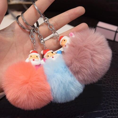 Christmas Gift Artificial Rabbit Fur Ball Keychains Plush Fuzzy Fur Santa Claus Key Chain POM POM Keychain Car Bag Key Ring