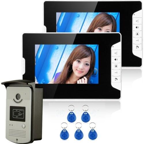 FREE SHIPPING New Wired 7 inch Color Video Door Phone Doorbell Intercom System 1 RFID Access Camera + 2 White Monitor In Stock