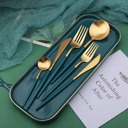 Wholesale Dropshiping silverware stainless steel Dark Green Gold vintage cutlery fork spoon knife dining set korean kitchen