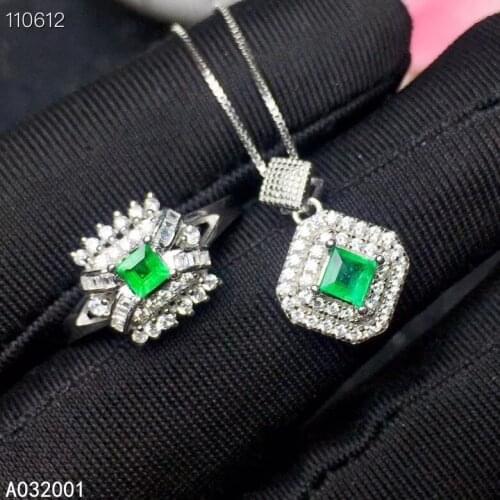 KJJEAXCMY fine jewelry natural Emerald 925 sterling silver women pendant necklace chain ring set support test elegant