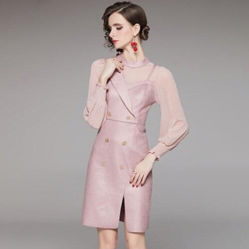 Suede 2021 new Vintage high quality Spring Autumn dress Women Clothing patchwork fake two pieces O-neck long sleeves dress XXL