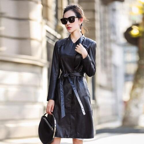 Women 2020 Genuine Leather Jacket Long Slim Sheepskin Coats Plus Size Leather Coat Female Spring Autumn Trench OT1727