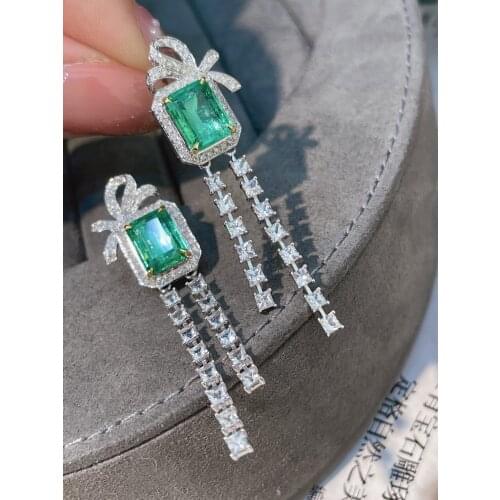 LR Jewelry Solid 18K Gold Nature Green Emerald 4ct Gemstones Diamonds Female Drop Earrings for Women Fine Earrings