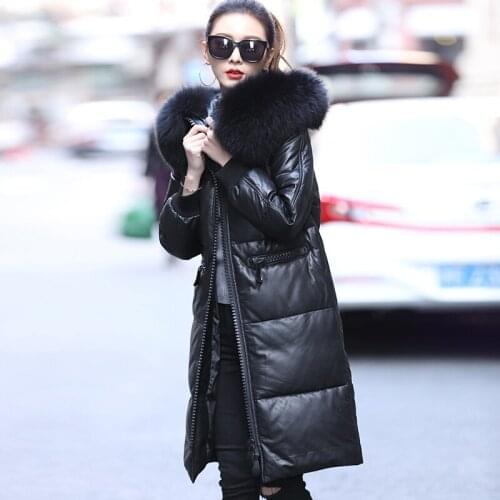 90%White Duck Down Womens Down Jackets Raccoon Fur Collar Hooded Coat Female Real Sheepskin Leather Jacket Women CasacosZjt1710
