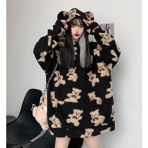 Winter Loose Hooded Sweatshirt Women Bear Print Pullovers Streetwear Thick Sweatshirts Casual Fashion Ladies Hoodies Tops