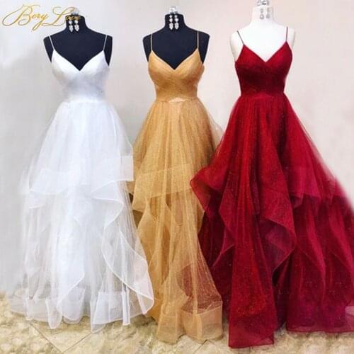 Golden Evening Dresses 2020 Organza Sexy V neck Evening Gown Long Spaghetti Straps Open Back Crisscross Formal Prom Party Dress