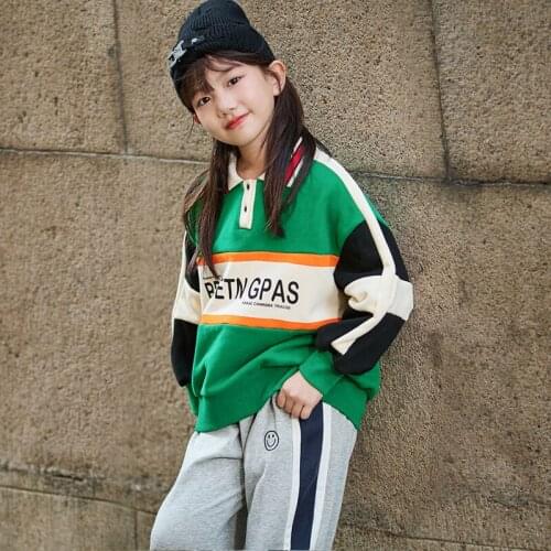 2021 Autumn Girls Fashion School Tops 8 10 years Letter Print Color Patchwork Long Sleeve Sweatshirt