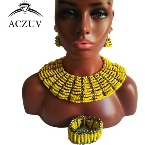 ACZUV Brand Yellow African Beads Jewelry Set for Women Nigerian Wedding Accessories AS010