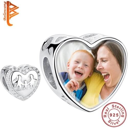 Genuine 925 Sterling Silver Sparkling CZ Stone Happiness Family Heart Custom Photo Beads fit Charm Bracelet Necklace Jewelry
