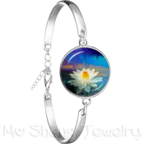 Lotus Flower Bracelet Mandala Photo Art Glass Cabochon Silver Plated Chain Bangle Sacred Geometry OM Fashion Jewelry Gift