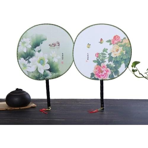 Wood Handle Chinese Vintage Palace Round Hand Fan Print Wedding Party Dance Gift
