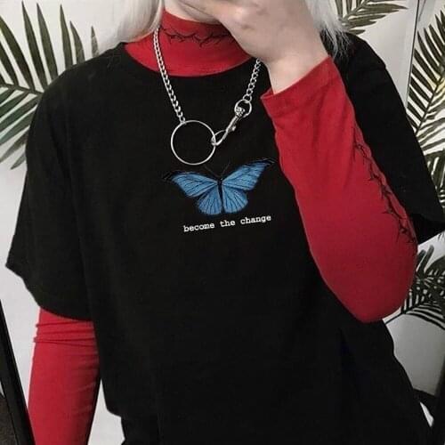 Summer Fashion Womens White Tops Tee Become The Change Butterfly Print T Shirt Cute Aesthetic Inspirational Quotes T-Shirt