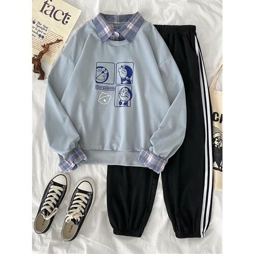 Korean kawaii cartoon 2pcs Women Set Outfits Long Sleeve Hoodies Sweatshirt Ladies Casual loose Sports Suit student Tracksuits