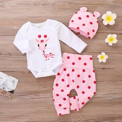 Fashion Baby Girl Cotton Round Dot Print Long Sleeve Solid Color Giraffe Pullover Three Piece Set Autumn Sets
