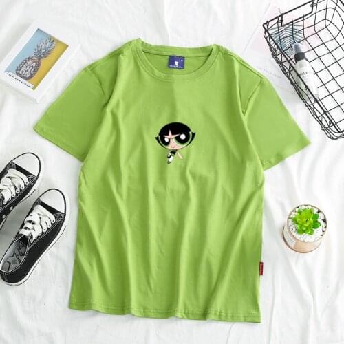 New Sweet Girls Tops Kawaii Buttercup Powerpuff Harajuku women Cotton ulzzang korean style Cartoon print girls t-shirts Summer