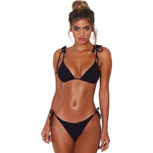 New Push Up Two Pieces Bikini For Women Solid Color Lace-up Sexy Thong Triangle Swimsuit And Beachwear Feminino