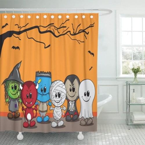 Orange Cute Halloween Witch Devil Monster Mummy Dracula Shower Curtain Polyester 60 x 72 inches Set with Hooks