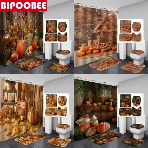 Autumn Farmhouse Shower Curtain Set Fall Pumpkin Bathroom Curtains Bath Mats Rugs Toilet Cover Anti-slip Carpet Festival Decor