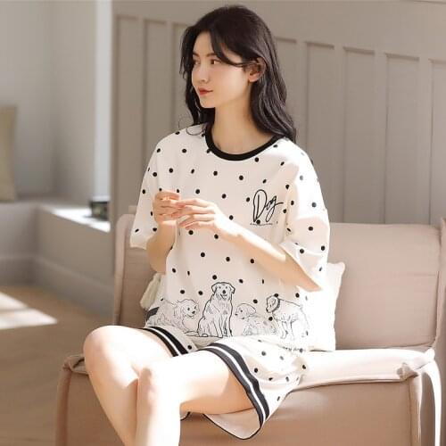 Summer Women Pajamas Set Polka Dot Loose Sleepwear Short Sleeve Sweet Leisure Shorts Home Elastic Pants Nightwear for Girls