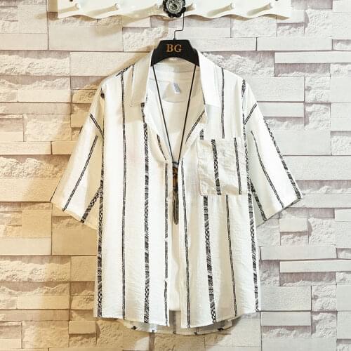 Plus Size 5XL-M Summer Short Sleeve Striped Shirts Men Clothing 2021 Simple Front Pocket Casual Loose Blouse Homme Black/White