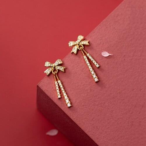 Real. 925 Sterling Silver CZ Set Bowknot & Straight Lucky Bar Piercing ear-bone Threader Earrings Tassel Long C-G9945