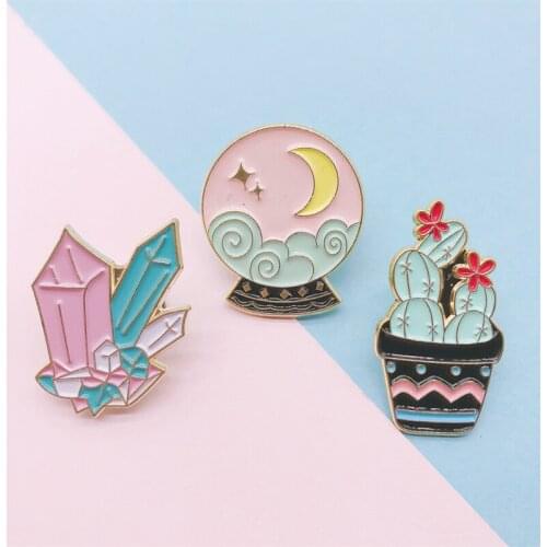 Cute Cartoon Pink Plant Potted Plant Moon Star Sun Gems Enamel Brooch Clothes Bag Alloy Pin Badge Jewelry Gift For Friends