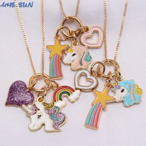 MHS.SUN 1PC Charm Unicorn Pendant Necklace Baby Girls DIY Gold Color Chain Necklace Cartoon Charming Jewelry Necklace For Child