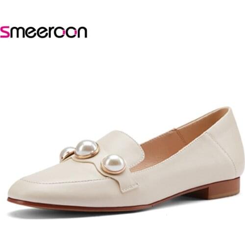 Smeeroon 2021 Big Size 34-40 Genuine Leather Single Shoes Women Pumps Top Quality Pearl Spring Summer Casual Shoes Ladies
