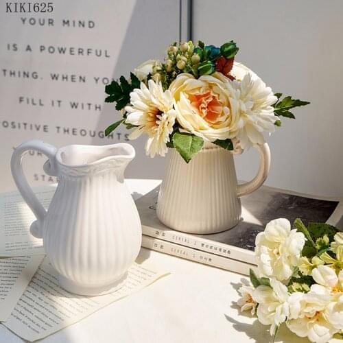 Creative Striped White Kettle Vase Flower Arrangement Desktop Decoration Ceramic Milk Jug Flower Vase Art Living Room Decoration