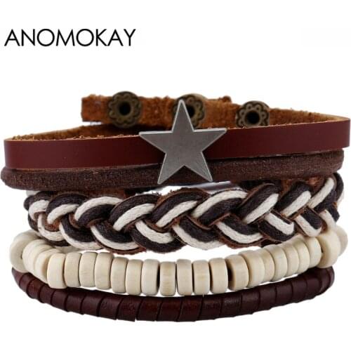 Vintage Punk Style Rope Leather Bracelets Men Jewelry Vintage Classic Retro Geometric Charm Bracelet Bangle Homme Male 5 PCS/Set