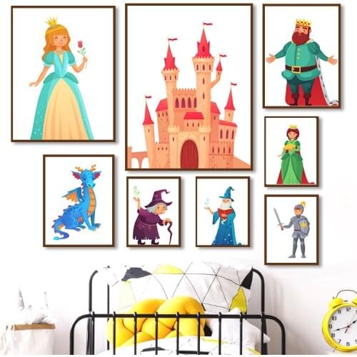 Castle dragon princess knight witch Nursery Wall Art Canvas Painting Nordic Posters And Prints Wall Picture Baby Kids Room Decor