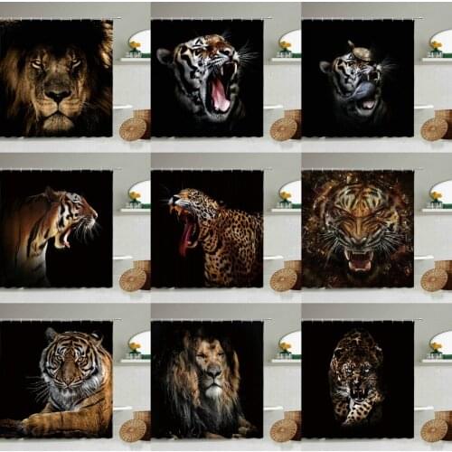 African Leopard Lion Tiger Beast Shower Curtain Wild Animal Black Background Bathroom Accessories With Hook Waterproof Curtains