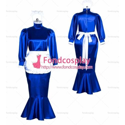 French Satin lockable blue Sissy Maid long fishtail dress Tailor-made[G3867]