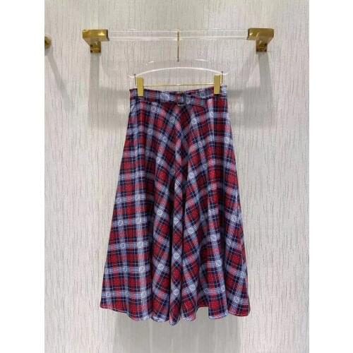 2021 New Summer Autumn Runway Designers Fashion High Waist Vintage Plaid Print Belt Midi Skirts Holiday Women