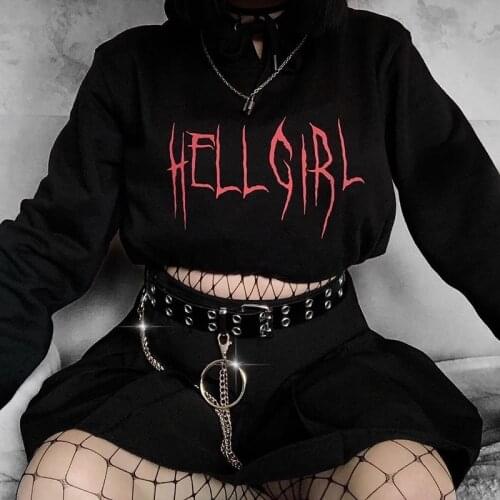 HELL GIRL Letter punk goth top Pullover sweatshirt hip hop Vintage Streetwear loose Harajuku chic casual women Hooded sweatshirt