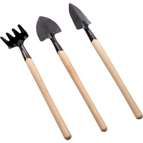 3pcs Mini Portable Gardening Tool Metal Digging Shovel Rake Spade Plant Garden Soil Raising Flowers Wooden Handle Tool Set
